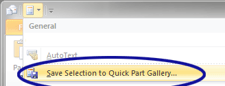 Outlook screenshot showing the option to save text as a Quick Part