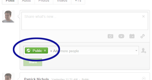 Google+ screenshot showing that the post is going to be public