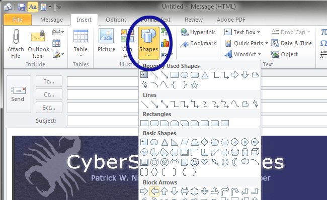 Outlook screenshot showing how to add shapes