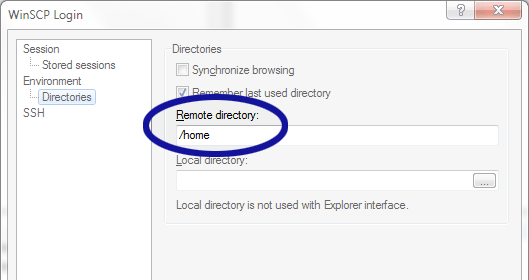 WinSCP screenshot showing the remote directory value