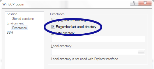 WinSCP screenshot showing how to disable the feature for remembering the last used directory