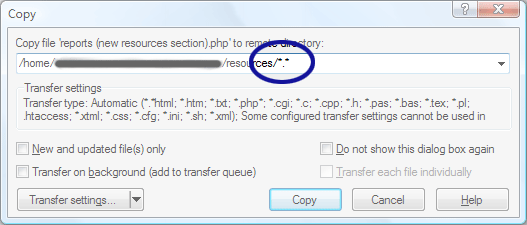 WinSCP screenshot showing the default copy dialog box