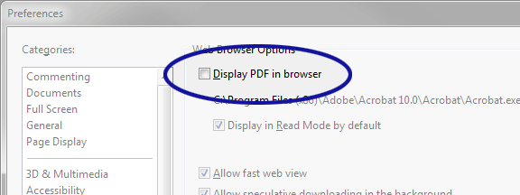 Acrobat screenshot showing the Display PDF in browser option