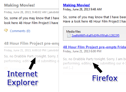 Screenshot showing how RSS feeds look in Internet Explorer and Firefox