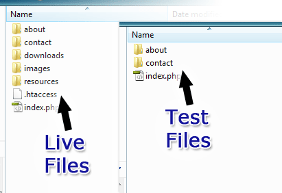 Screenshot showing an example live folder and test folder