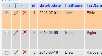 Screenshot showing how to highlight data records in phpMyAdmin