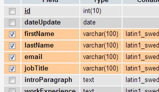 Screenshot showing how to highlight columns in phpMyAdmin