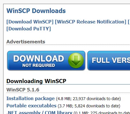 Screenshot of the WinSCP downloads page