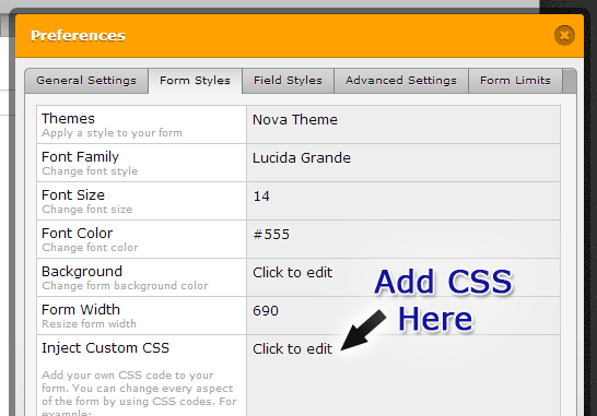 JotForm screenshot showing where to add CSS code