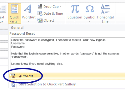 Outlook screenshot showing the AutoText feature