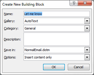 Outlook screenshot showing the customization options for AutoText entries