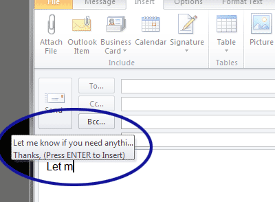 Outlook screenshot showing AutoText in action