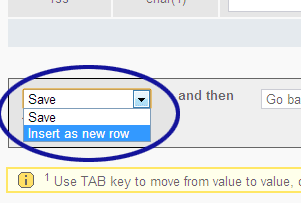 phpMyAdmin screenshot showing the "Insert as new row" option