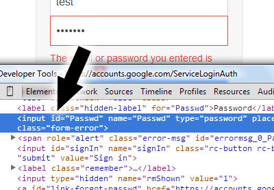 Screenshot showing the code for the password field