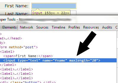 Chrome screenshot showing the HTML code for the selected form field