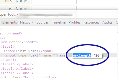 Chrome screenshot showing the maxlength attribute being edited