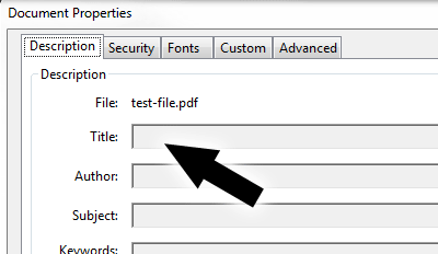 Adobe Reader screenshot showing the grayed-out Title field
