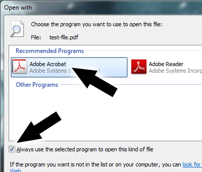 Screenshot showing how to set Adobe Acrobat as the default program for opening PDFs