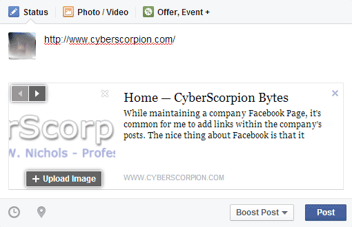 Facebook screenshot showing a link added to the Status box