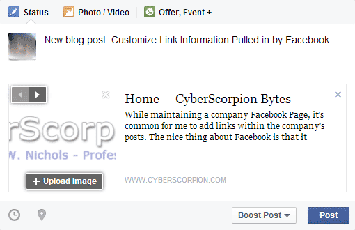 Facebook screenshot showing the link removed from the Status box