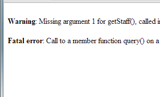 Screenshot showing PHP's default warning for missing arguments