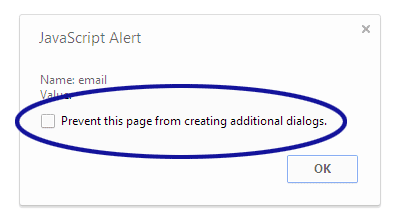 Screenshot showing Google Chrome's checkbox for preventing more alert boxes