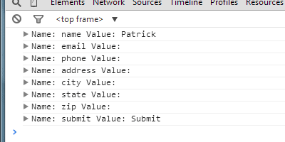Screenshot showing the field names and values which were outputted from console.dir()