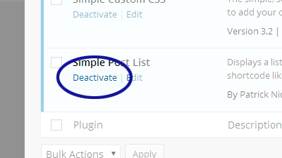 WordPress screenshot showing the Deactivate option