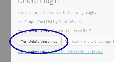 WordPress screenshot showing the Yes, Delete These Files button