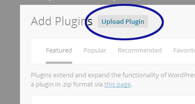 WordPress screenshot showing the Upload Plugin button