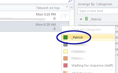 Microsoft Outlook screenshot showing how to assign an email to a task category