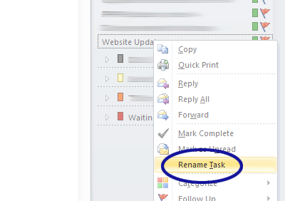 Microsoft Outlook screenshot showing how to rename a task that was created from an email