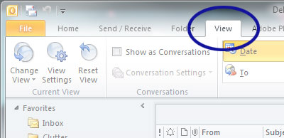 Outlook screenshot showing the View tab