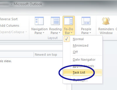 Outlook screenshot showing the Task List option being checked
