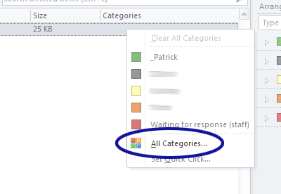 Outlook screenshot showing the All Categories... option
