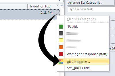 Outlook screenshot showing the empty box in the Categories column