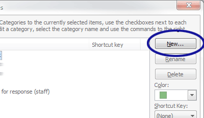 Outlook screenshot showing the button for creating a new category