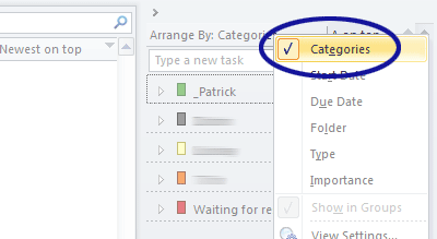 Outlook screenshot showing how to sort tasks by category