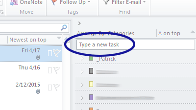 Microsoft Outlook screenshot showing the new task field