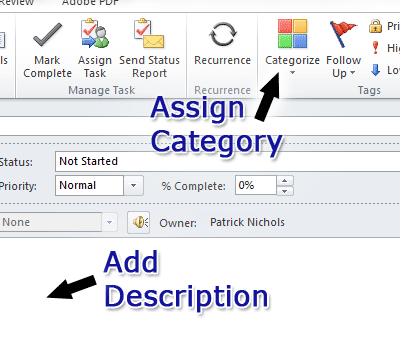 Microsoft Outlook screenshot showing where to assign a category and add a description in the task description window