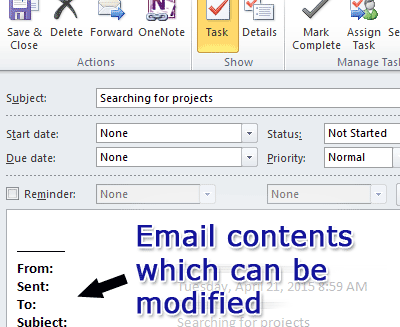 Microsoft Outlook screenshot showing how the email message is automatically included in the task description