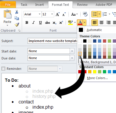 Microsoft Outlook screenshot showing how to change the font color of the completed sub-tasks