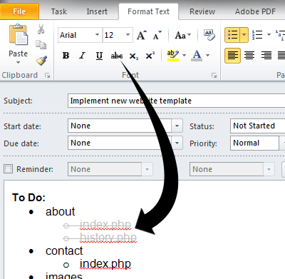 Microsoft Outlook screenshot showing how to add a strikethrough to the completed sub-tasks