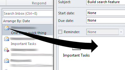 Microsoft Outlook screenshot showing how to drag emails into the task description