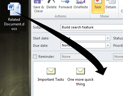 Microsoft Outlook screenshot showing how to drag files that are not stored within Outlook into the task description