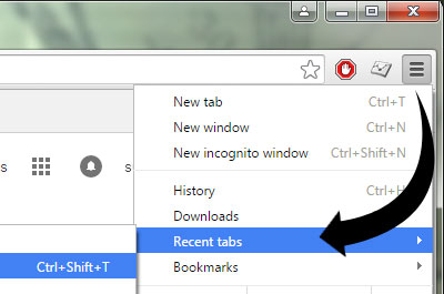 Google Chrome screenshot showing the Recent Tabs option
