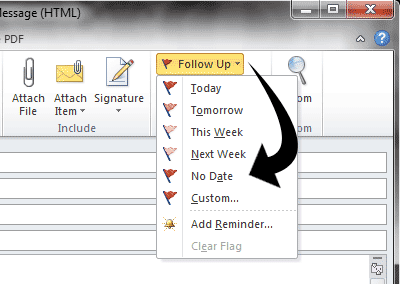 Microsoft Outlook screenshot showing how to select the No Date option