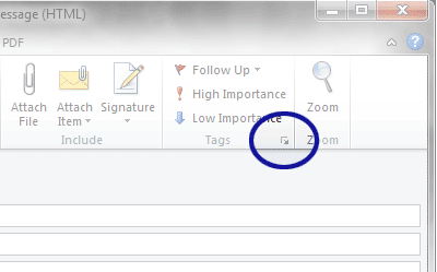 Microsoft Outlook screenshot showing how to view more options for the Tags group