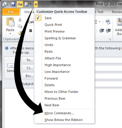 Microsoft Outlook screenshot showing how to add more commands to the Quick Access Toolbar