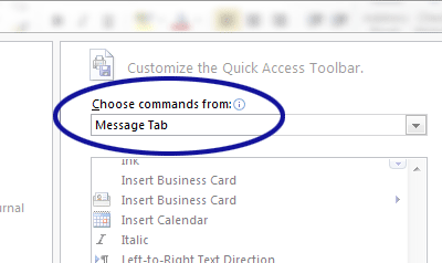 Microsoft Outlook screenshot showing the drop down for choosing where to pull commands from